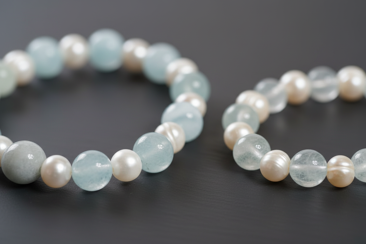 Aquamarine & Pearl Family Bracelet Set