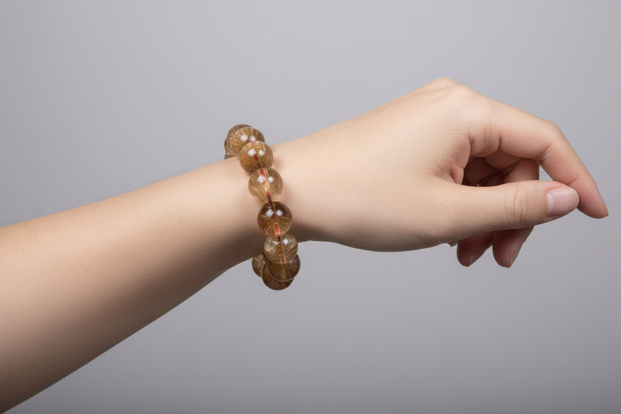 Brown beaded bracelet with a price tag on a white background