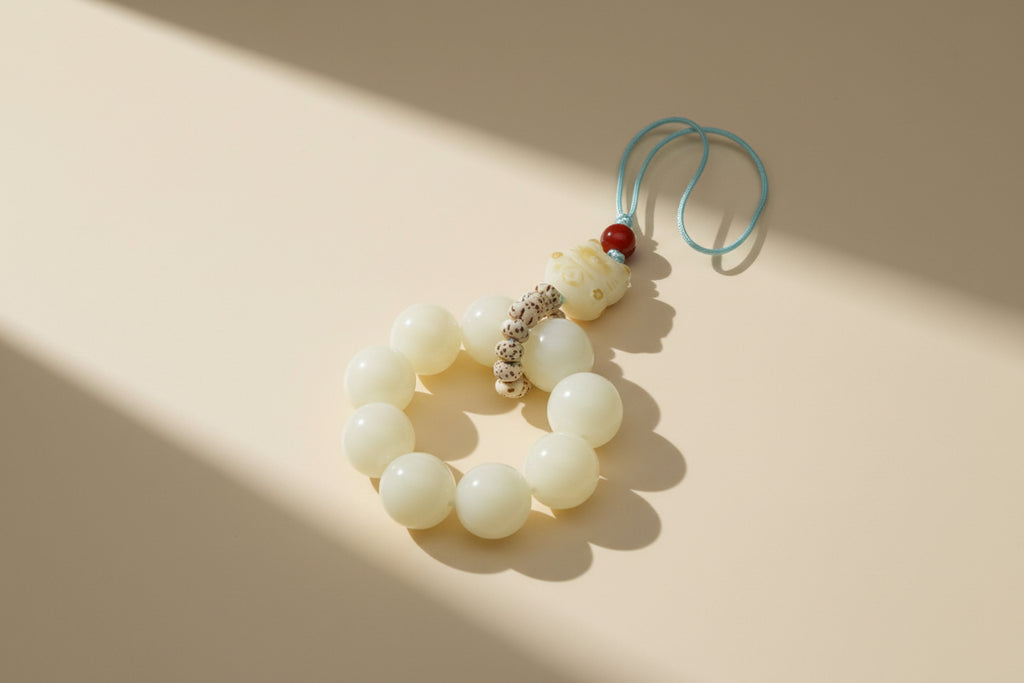 Beaded charm with a small figurine on a textured gray background