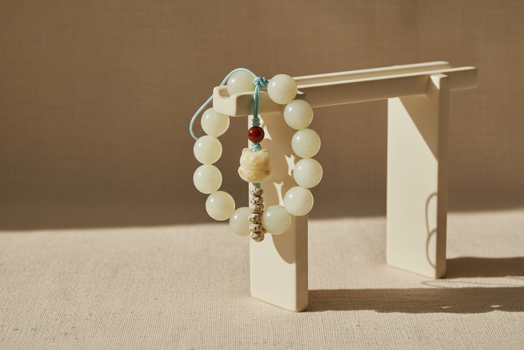 Beaded charm with a small figurine on a textured gray background