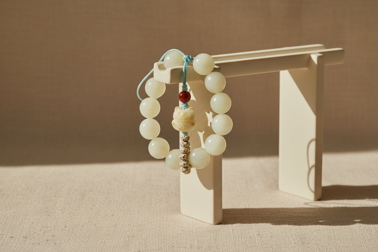Beaded charm with a small figurine on a textured gray background