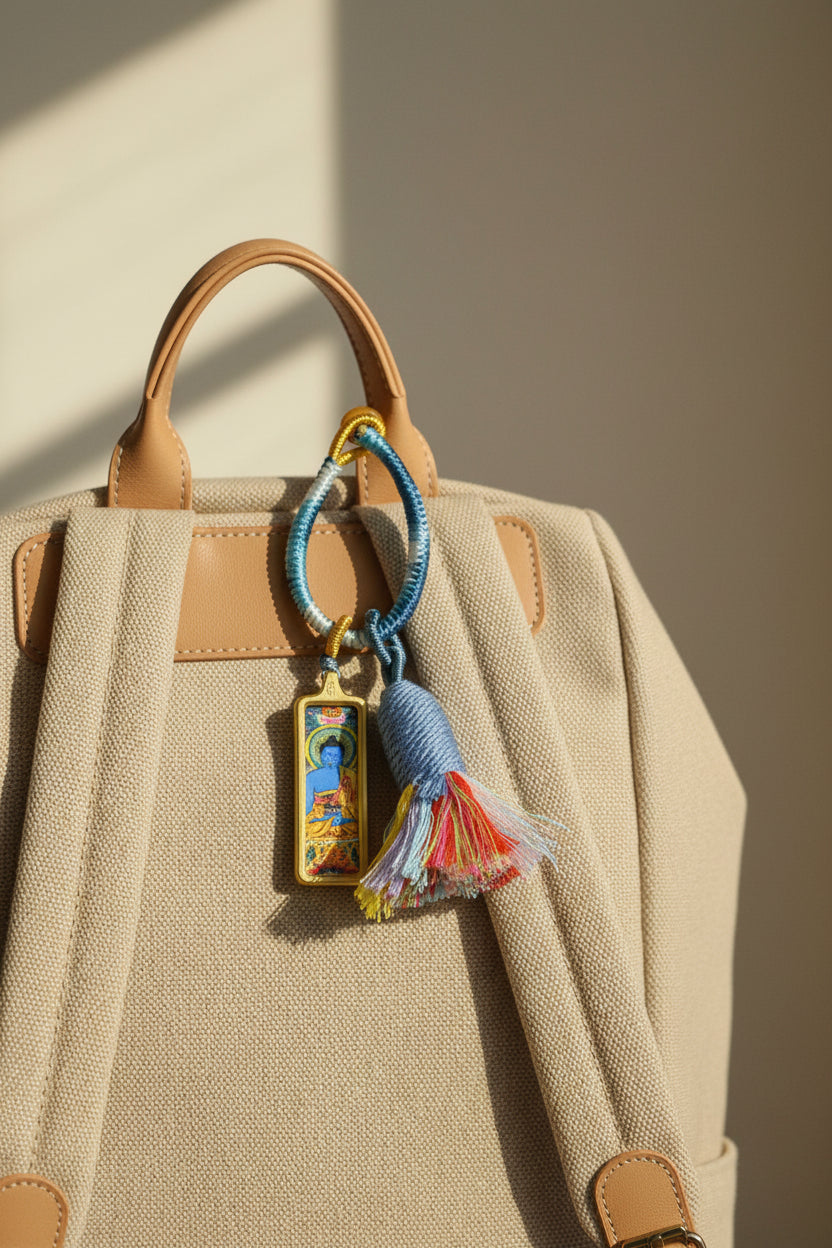 Colorful keychain with a blue figure on a beige background