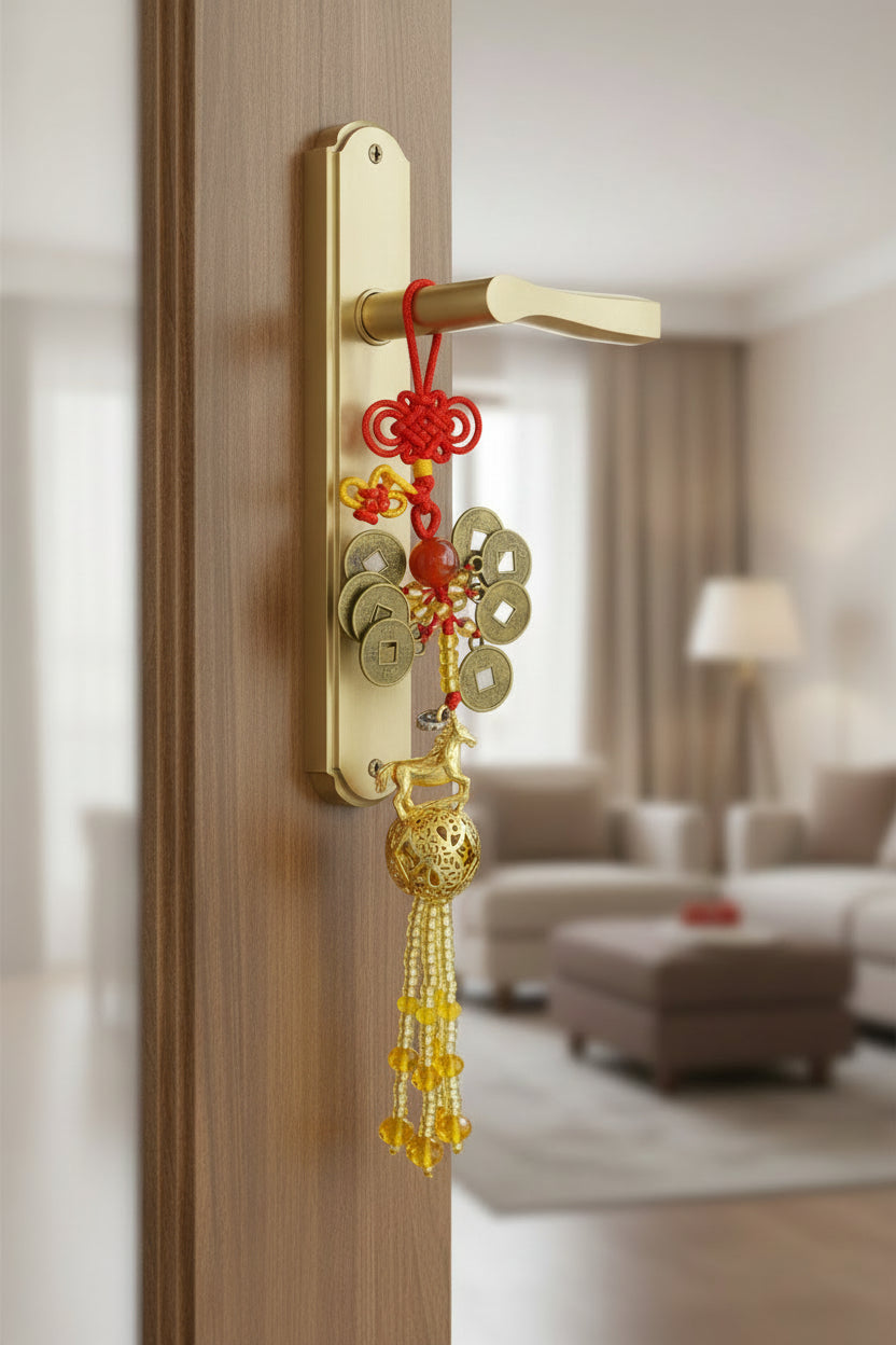 Decorative Chinese good luck charm with coins, beads, and a horse figure on a white background