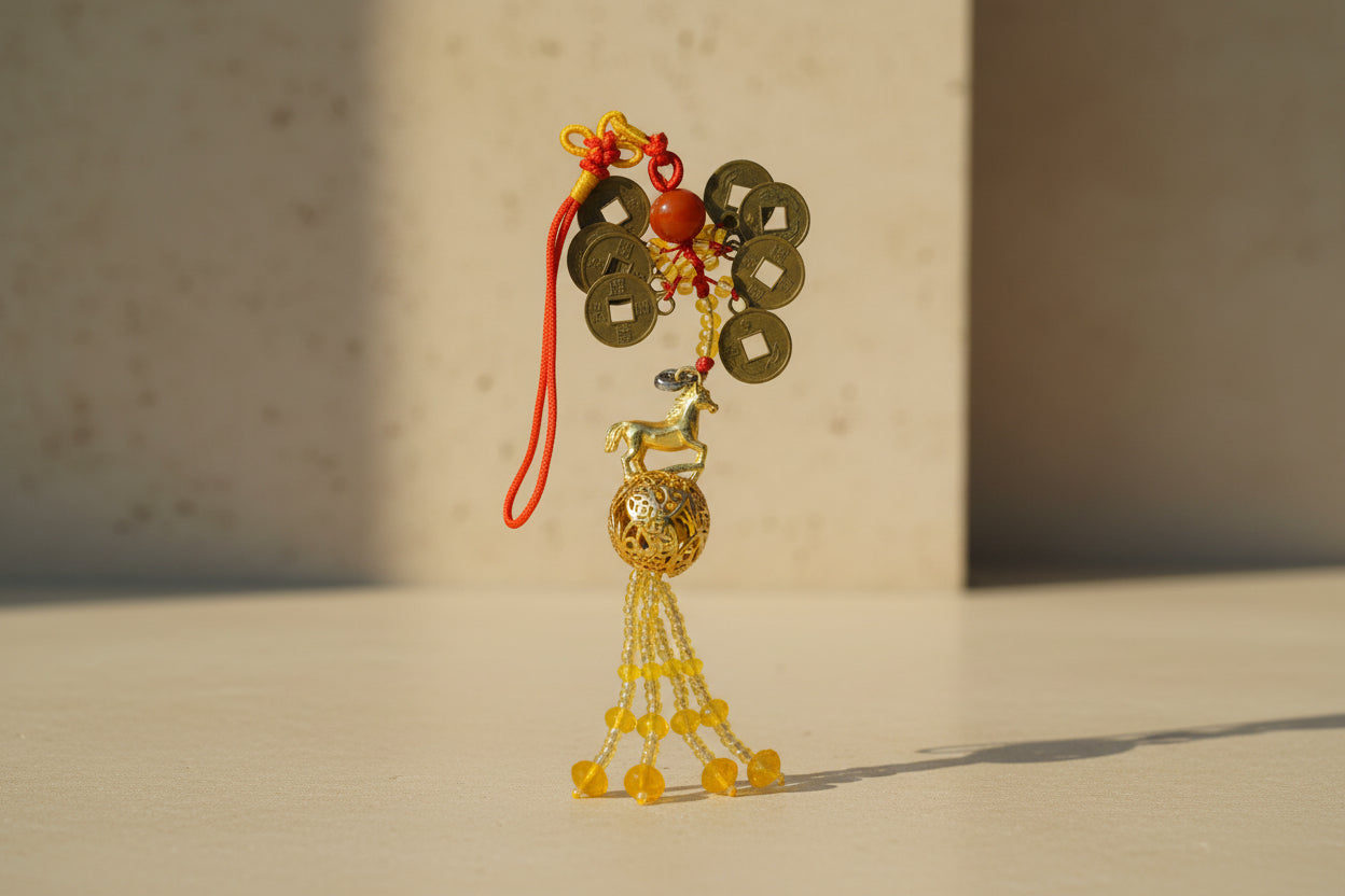 Decorative Chinese good luck charm with coins, beads, and a horse figure on a white background