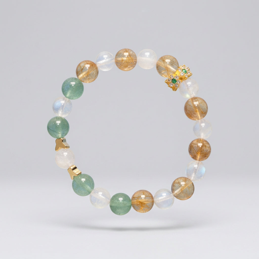 Multicolored beaded bracelet with gold accents against a blue sky background