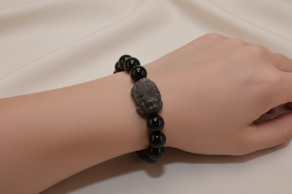 Silver Obsidian Dragon Turtle Bracelet