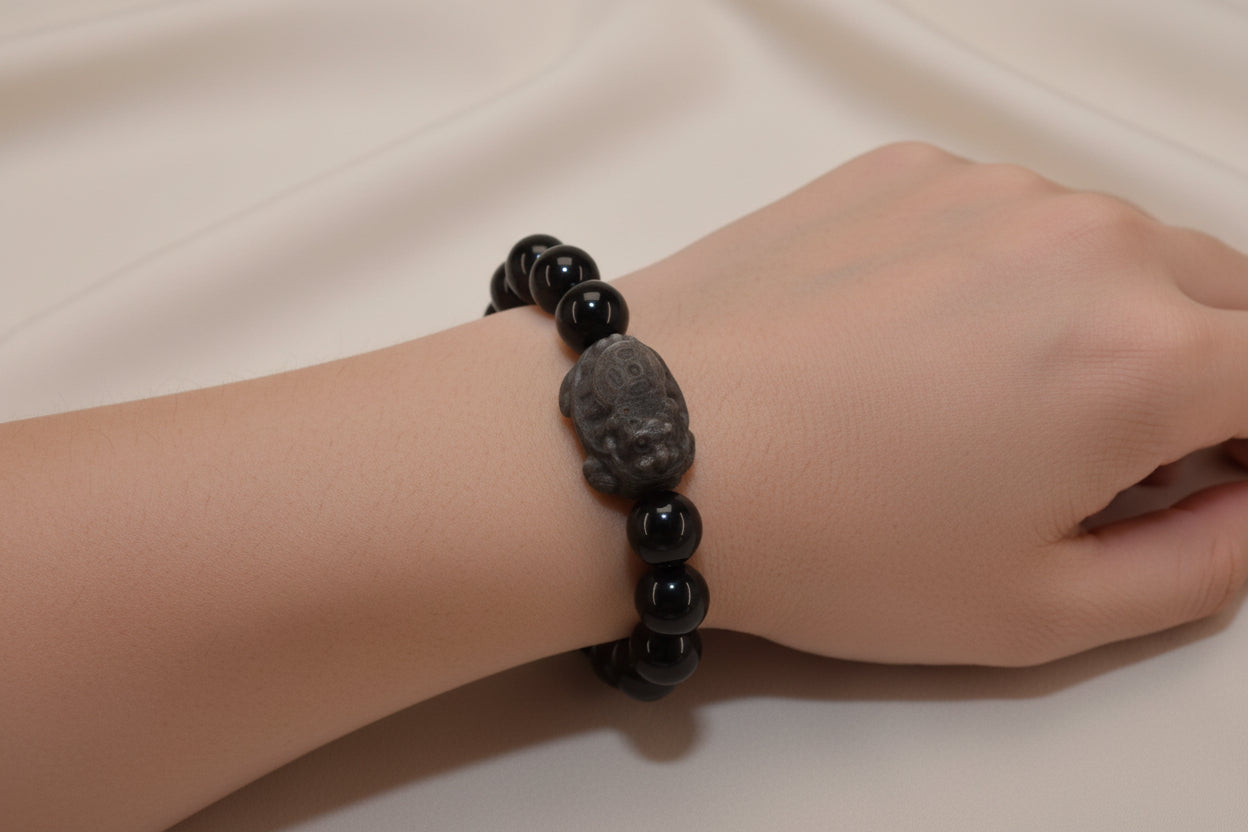 Silver Obsidian Dragon Turtle Bracelet