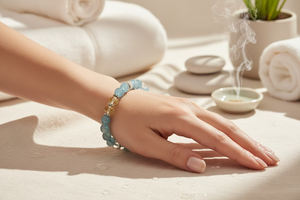 Aquamarine, Citrine and Clear Quartz Bracelet