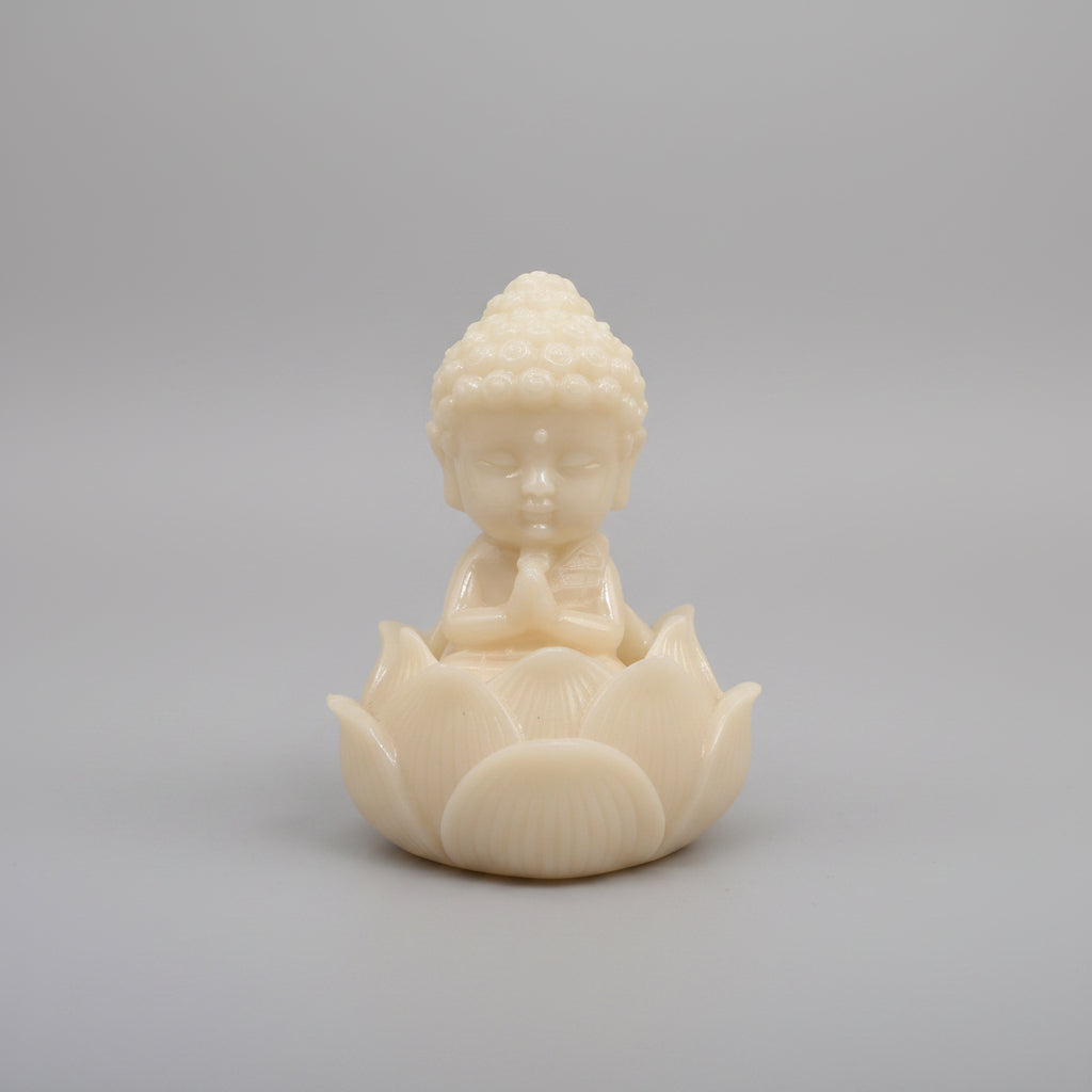 Little Buddha Meditating on Lotus – Cream Marble Powder Statue for Peace & Blessings