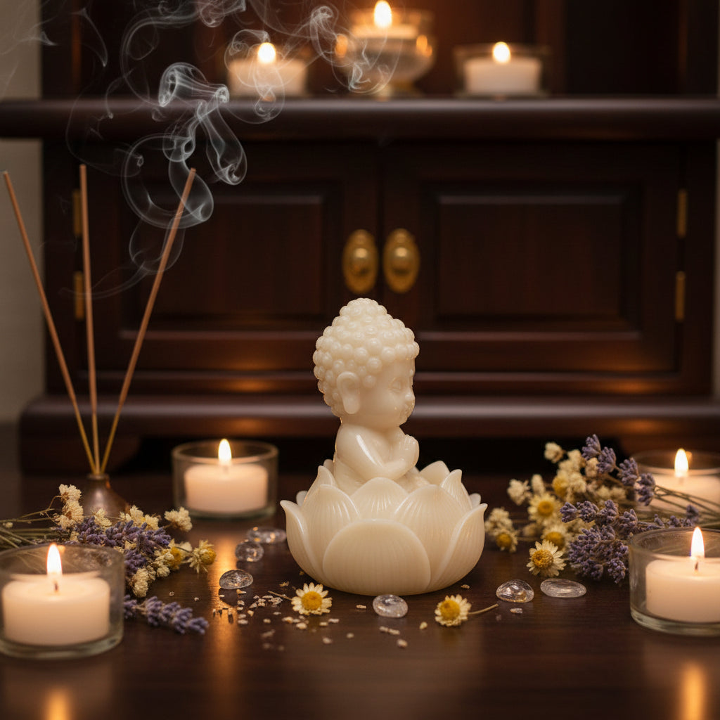 Little Buddha Meditating on Lotus – Cream Marble Powder Statue for Peace & Blessings