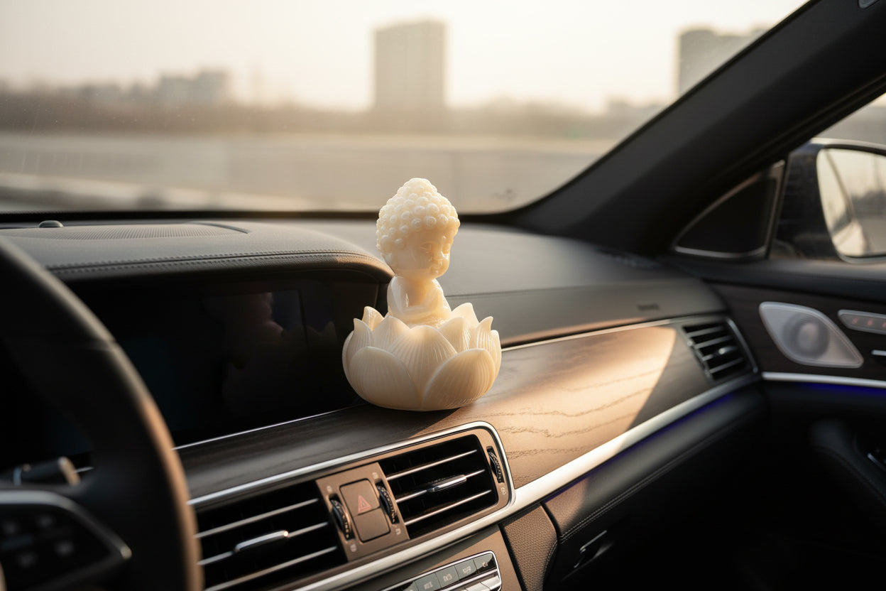 Little Buddha Meditating on Lotus – Cream Marble Powder Statue for Peace & Blessings