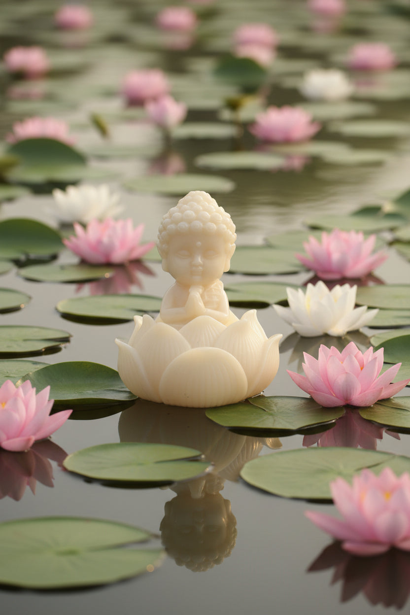 Little Buddha Meditating on Lotus – Cream Marble Powder Statue for Peace & Blessings