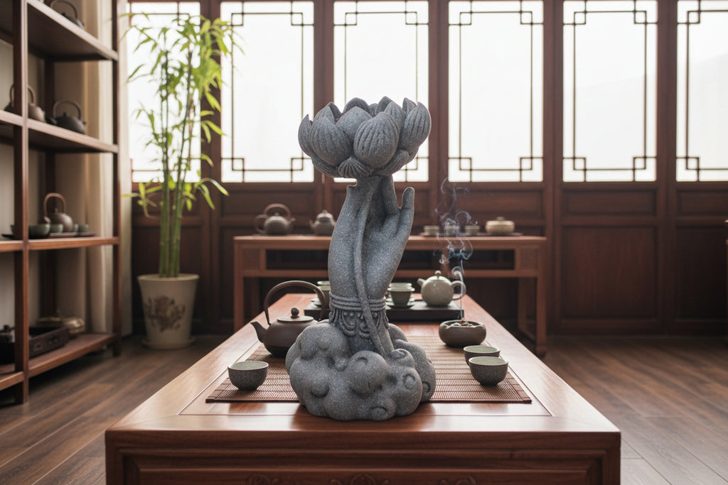 Buddha Hand Holding Lotus on Clouds – Marble Sand Statue (Sandstone Grey)