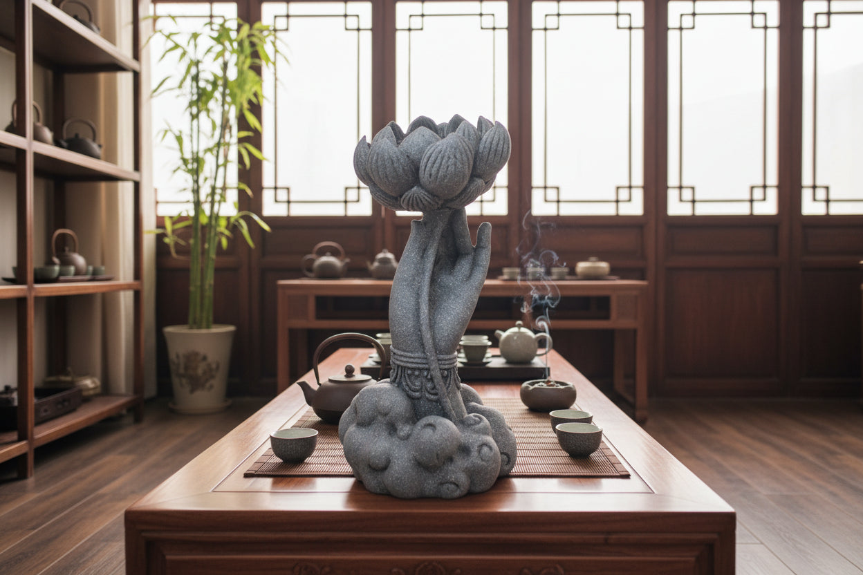 Buddha Hand Holding Lotus on Clouds – Marble Sand Statue (Sandstone Grey)