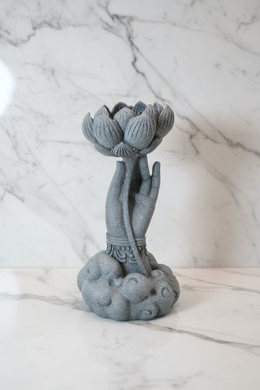 Buddha Hand Holding Lotus on Clouds – Marble Sand Statue (Sandstone Grey)