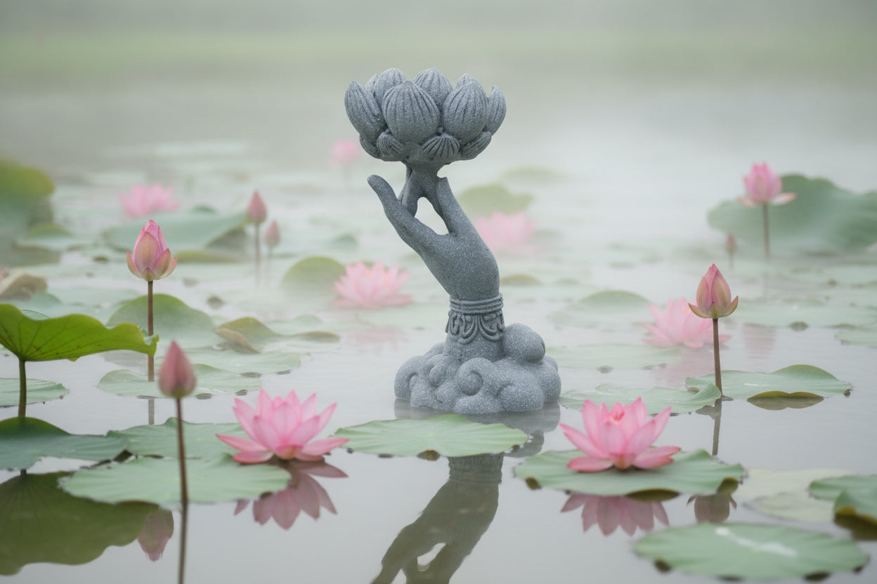 Buddha Hand Holding Lotus on Clouds – Marble Sand Statue (Sandstone Grey)