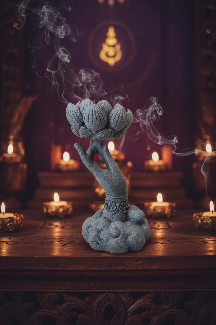 Buddha Hand Holding Lotus on Clouds – Marble Sand Statue (Sandstone Grey)