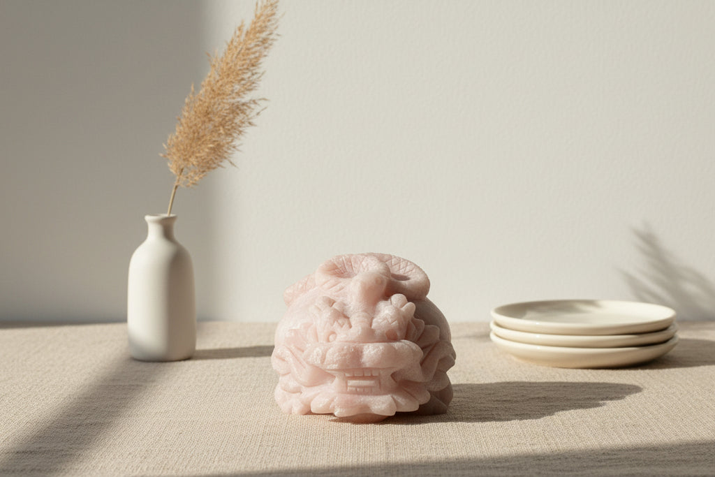 Decorative pink stone sculpture on a white surface with a dark background