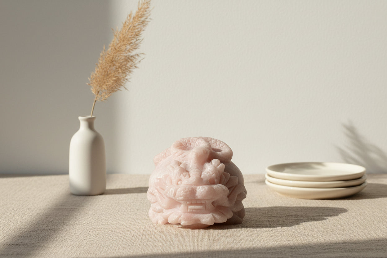 Decorative pink stone sculpture on a white surface with a dark background