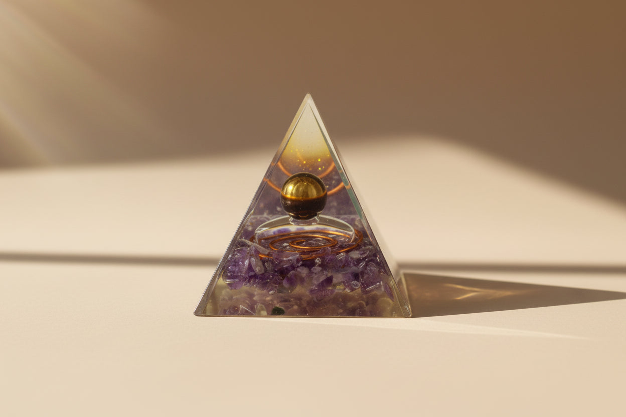 Pyramid-shaped crystal with a spherical object inside on a textured surface