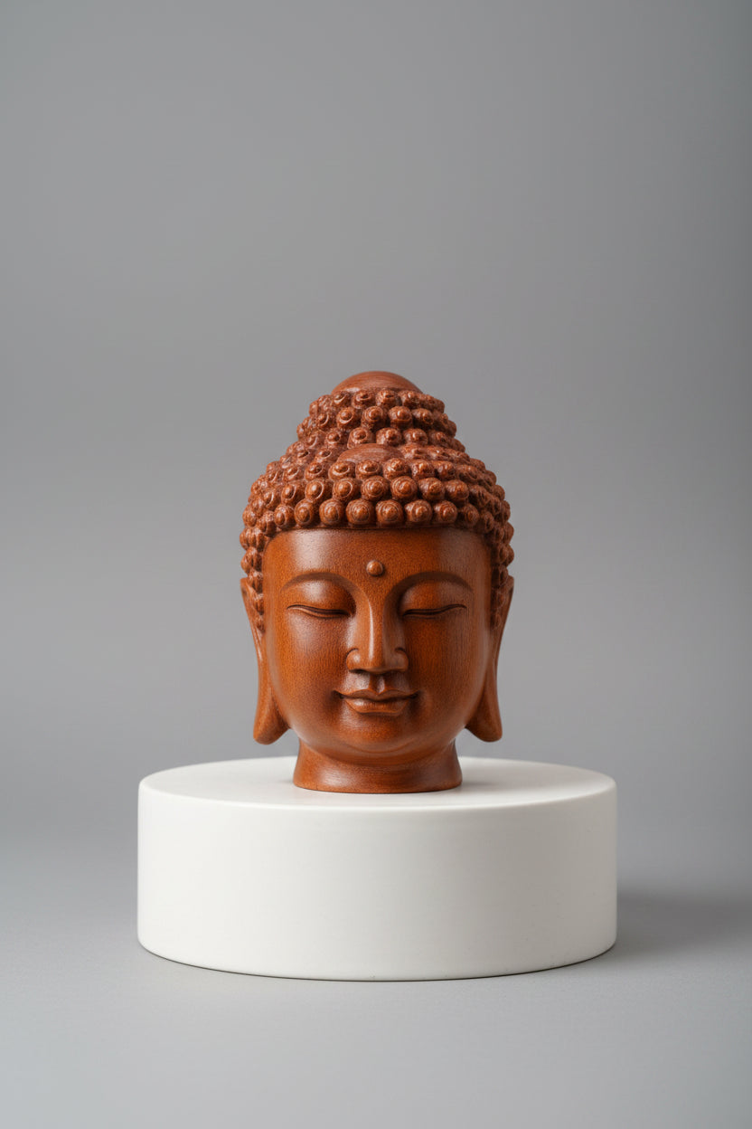 手工雕刻木制佛头雕像 – 天然纹理饰面
