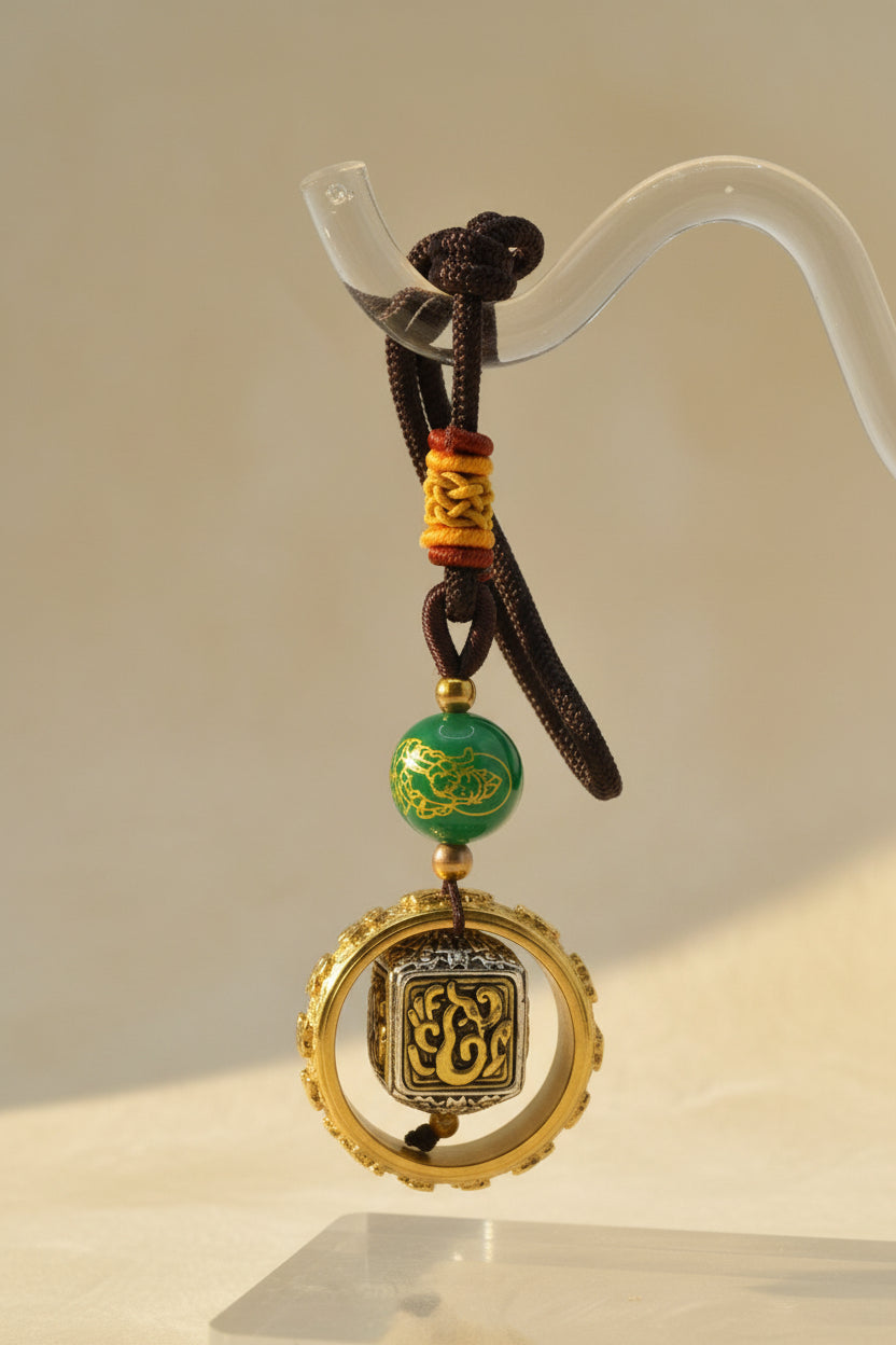 Decorative keychain with green bead and gold emblem on a clear stand