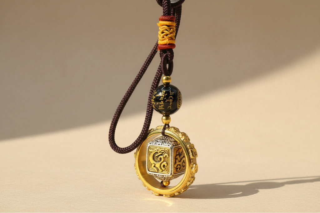 Decorative pendant with gold and black design on a brown cord against a gray background