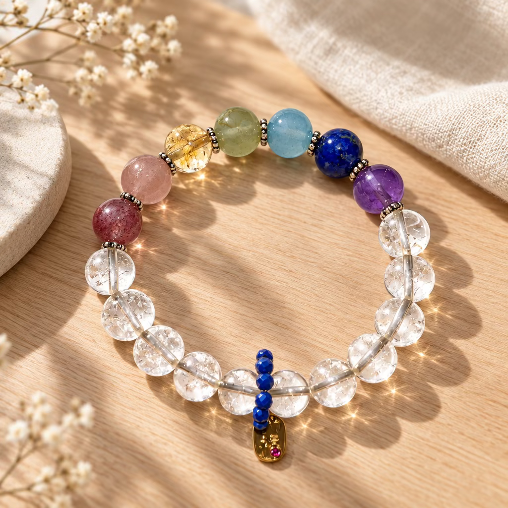 A beaded chakra bracelet with clear round disc beads, multicolored gemstone beads, and a central blue and gold pendant, displayed on a textured gray background.