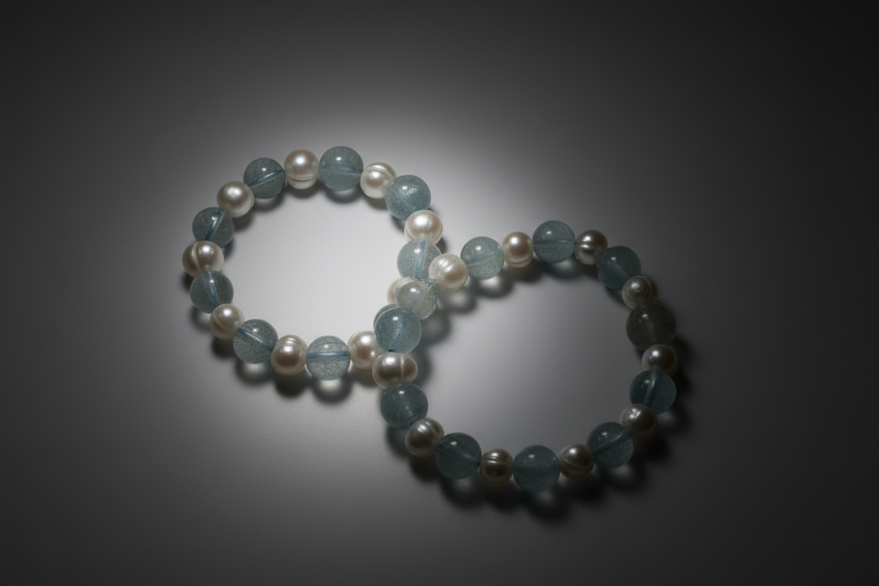 Aquamarine & Pearl Family Bracelet Set