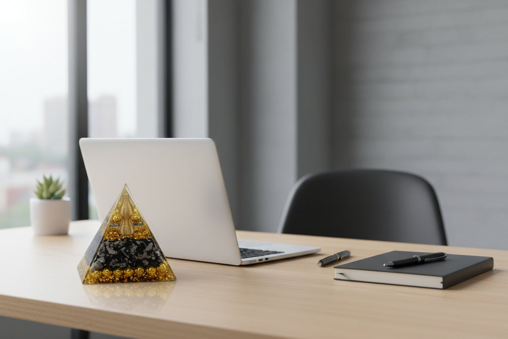 Triangular pyramid with gold and black design on a textured surface