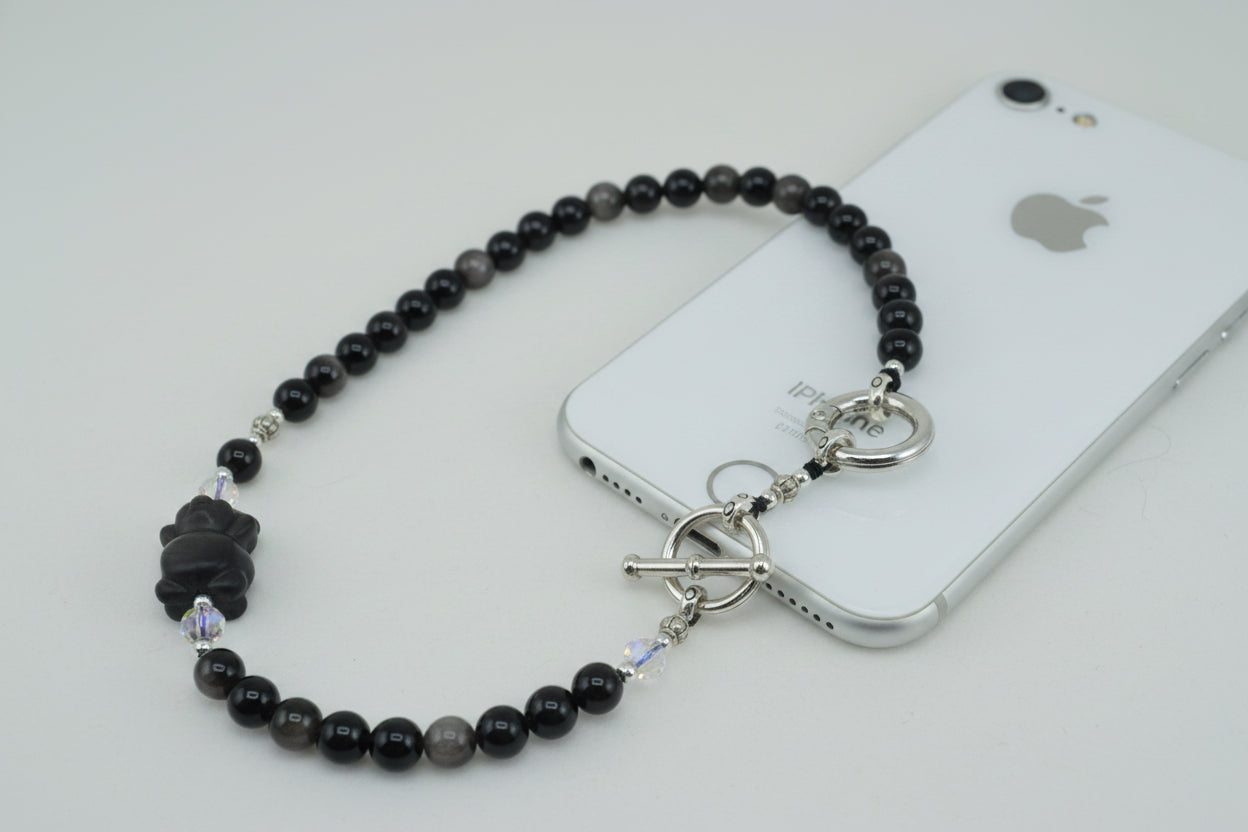 Little Bear Silver Obsidian HandPhone Charm