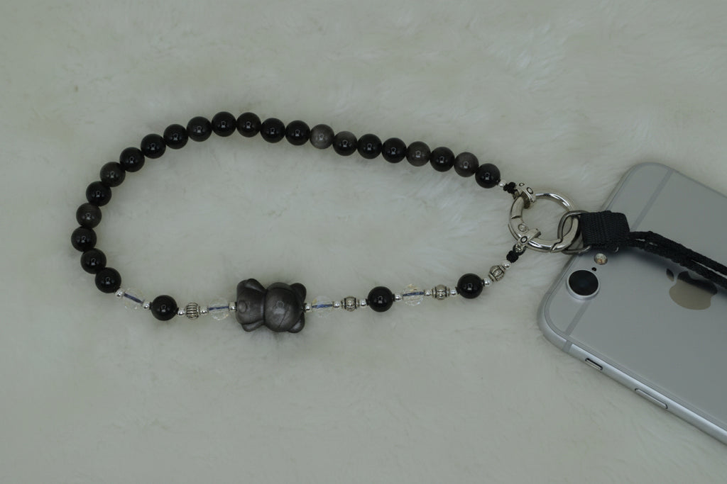Little Bear Silver Obsidian HandPhone Charm