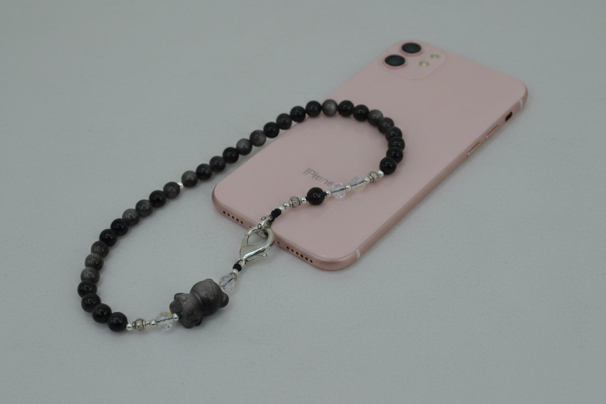 Little Bear Silver Obsidian HandPhone Charm