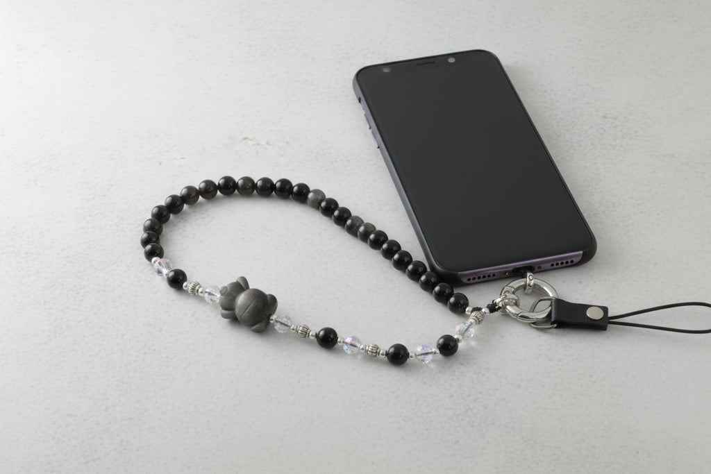 Little Bear Silver Obsidian HandPhone Charm