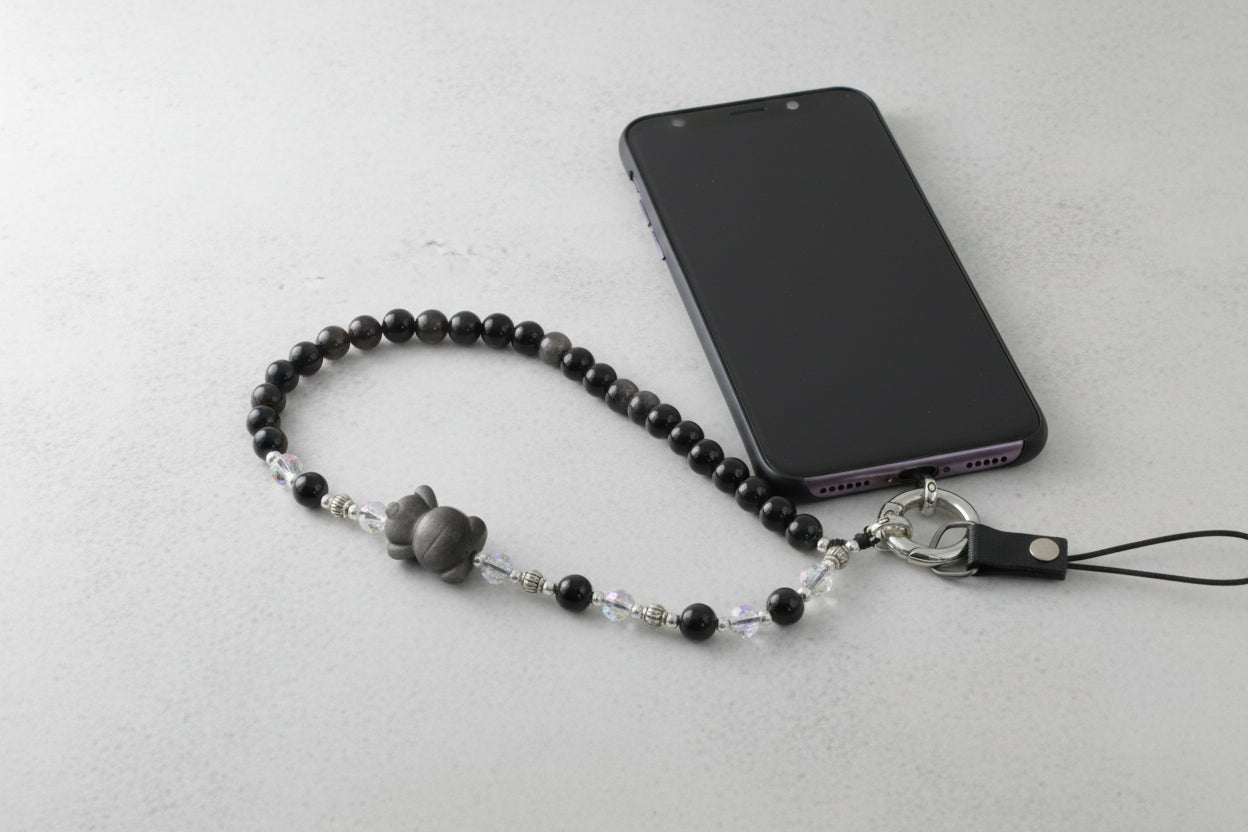 Little Bear Silver Obsidian HandPhone Charm