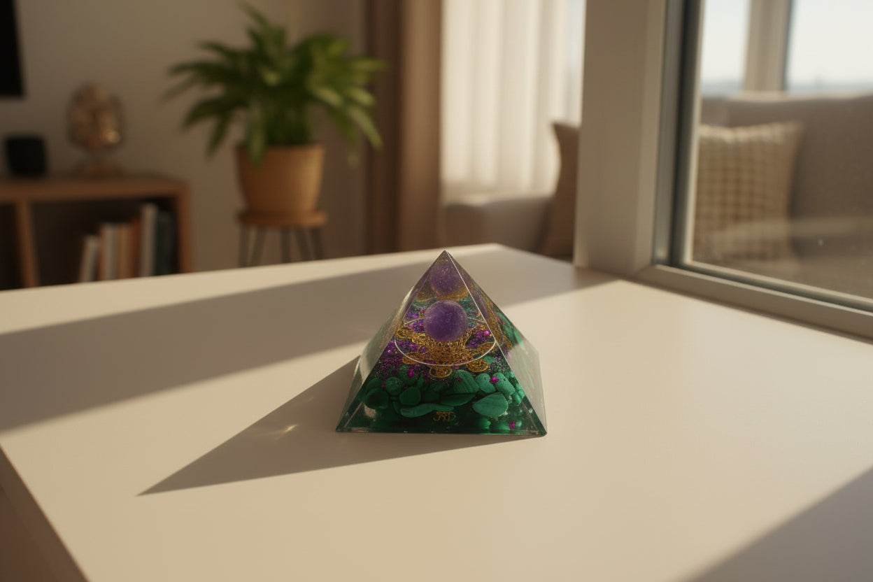 Triangular crystal with colorful interior and green base on a textured surface