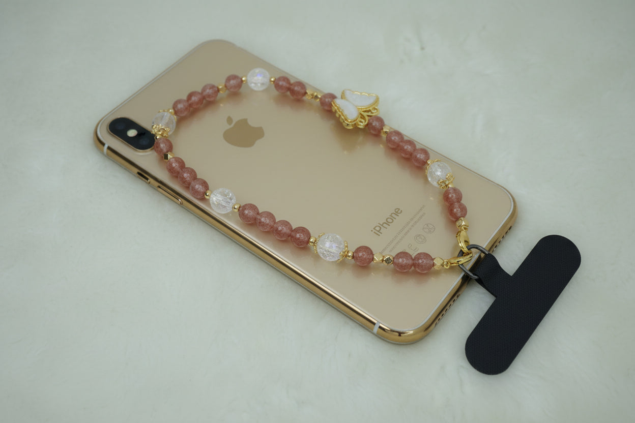Strawberry Quartz HandPhone Charm (gold butterfly)