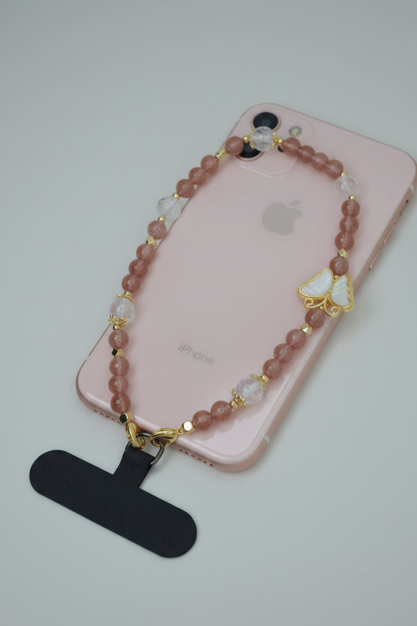 Strawberry Quartz HandPhone Charm (gold butterfly)