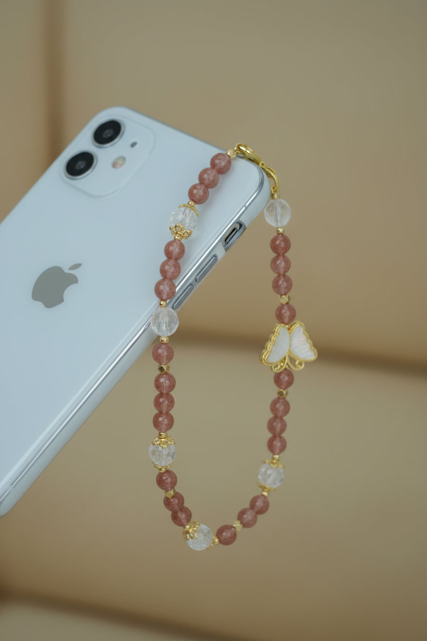 Strawberry Quartz HandPhone Charm (gold butterfly)