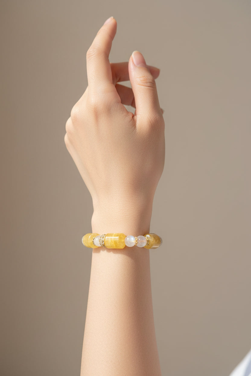 Yellow Gum Flower Moonstone Barrel Bead Bracelet