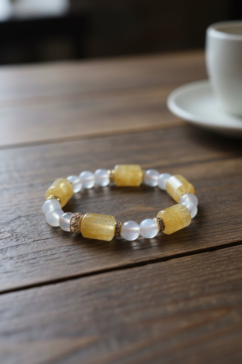 Yellow Gum Flower Moonstone Barrel Bead Bracelet