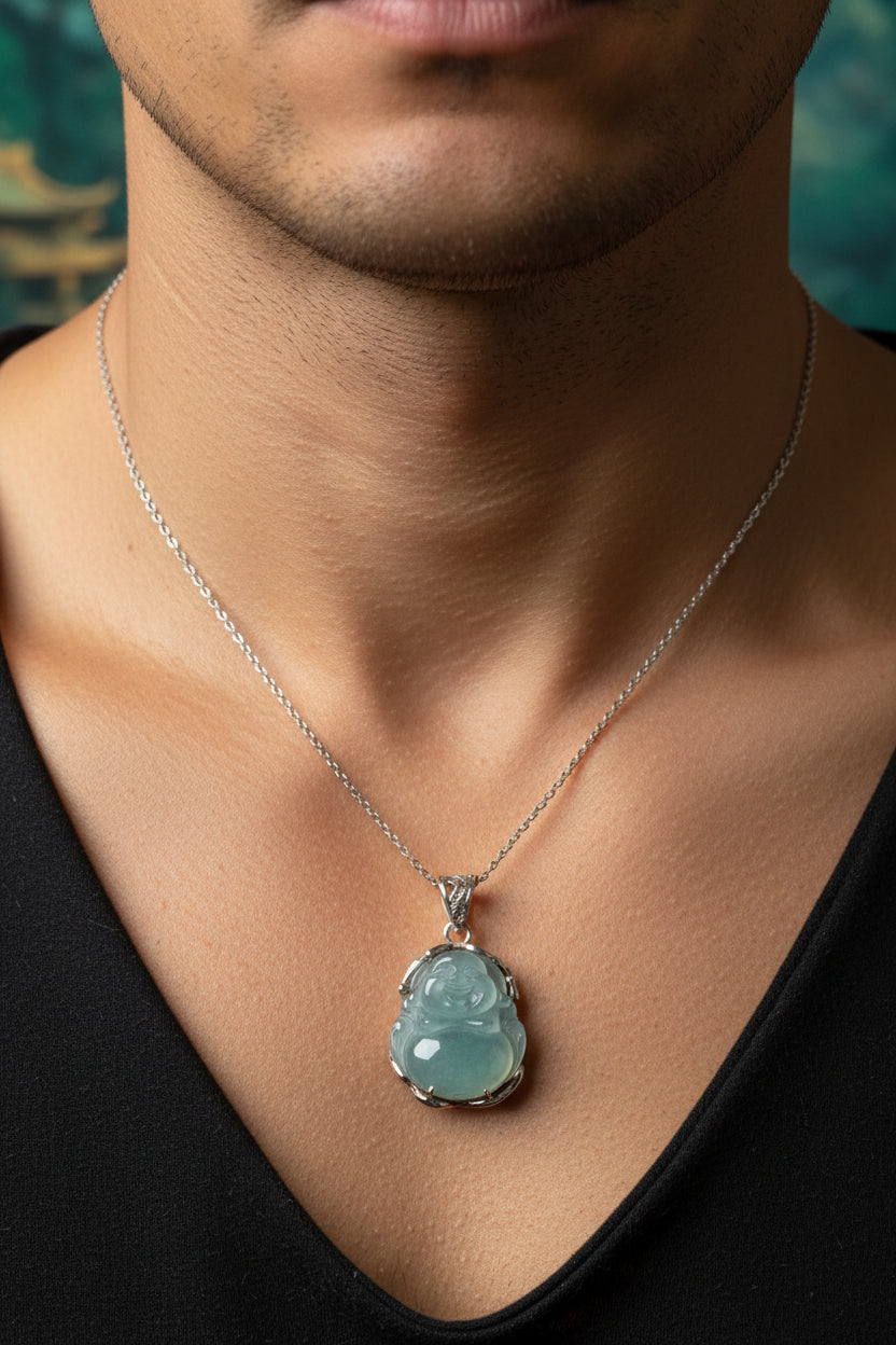 Aquamarine Laughing Buddha Necklace (L)