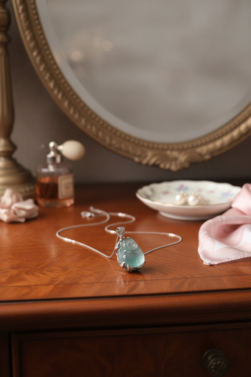 Aquamarine Laughing Buddha Necklace (L)