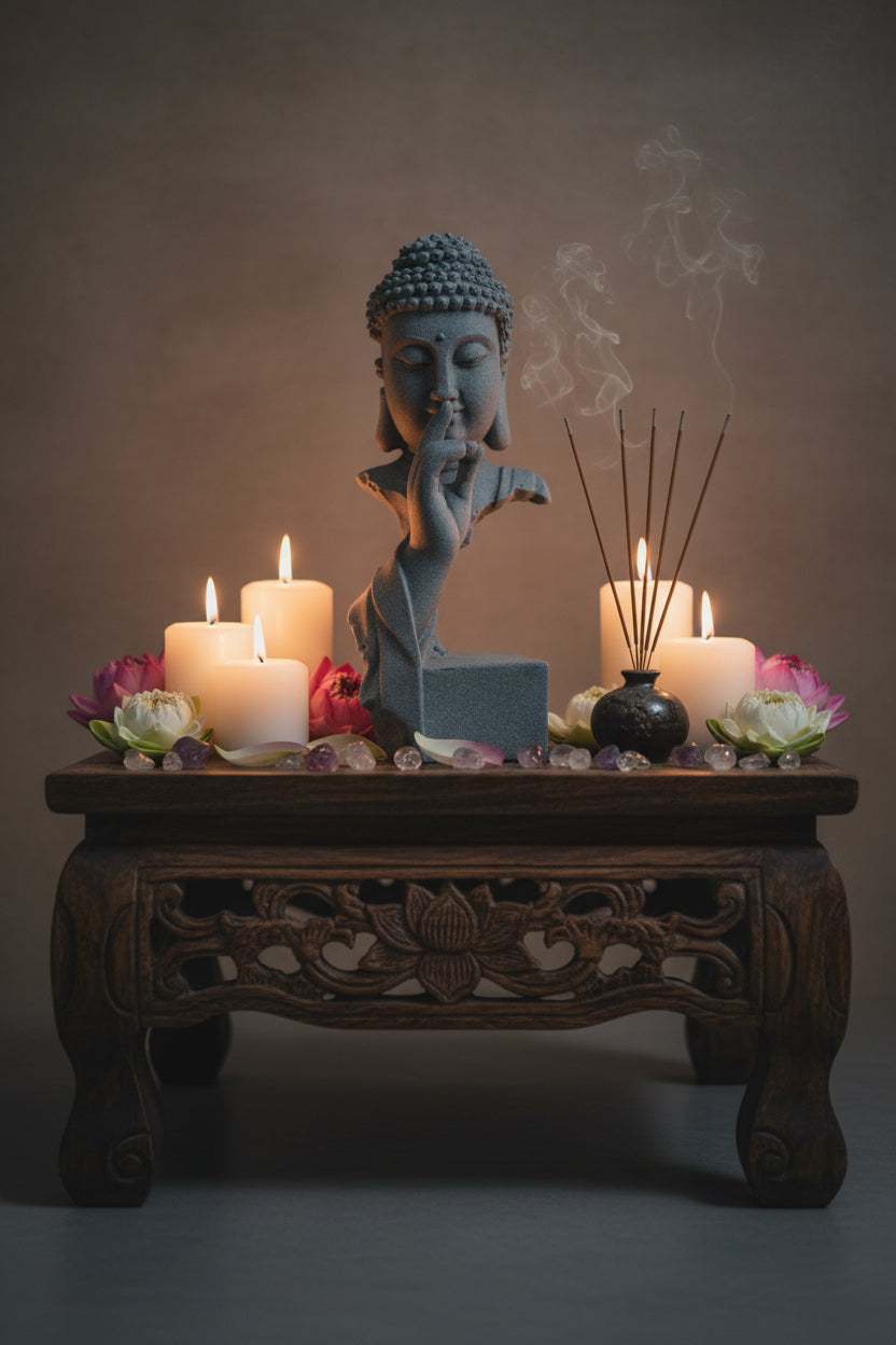 Silence Buddha Bust – "Quiet the Mind" Marble Sand Sculpture (Sandstone Grey)