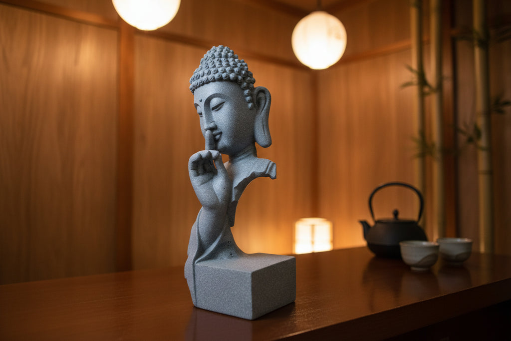 Silence Buddha Bust – "Quiet the Mind" Marble Sand Sculpture (Sandstone Grey)