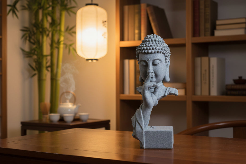 Silence Buddha Bust – "Quiet the Mind" Marble Sand Sculpture (Sandstone Grey)