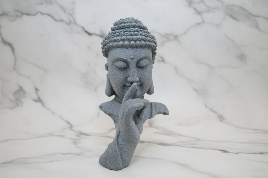 Silence Buddha Bust – "Quiet the Mind" Marble Sand Sculpture (Sandstone Grey)
