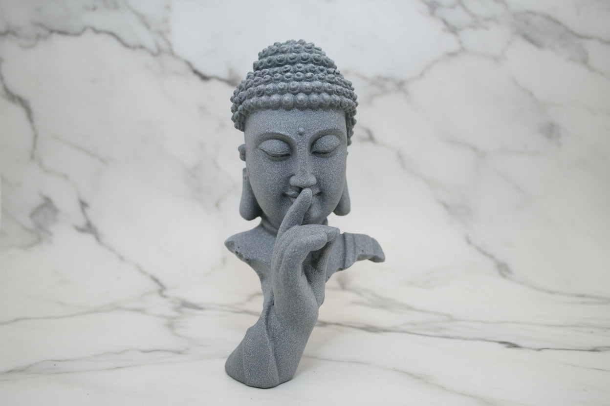 Silence Buddha Bust – "Quiet the Mind" Marble Sand Sculpture (Sandstone Grey)