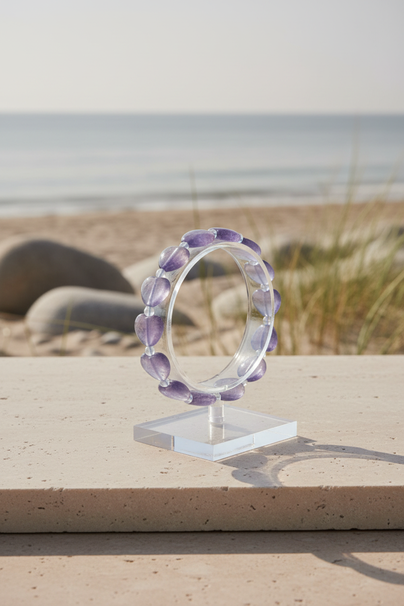 Bracelet with heart-shaped beads on a textured surface
